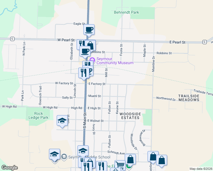 map of restaurants, bars, coffee shops, grocery stores, and more near 219 Mill Street in Seymour