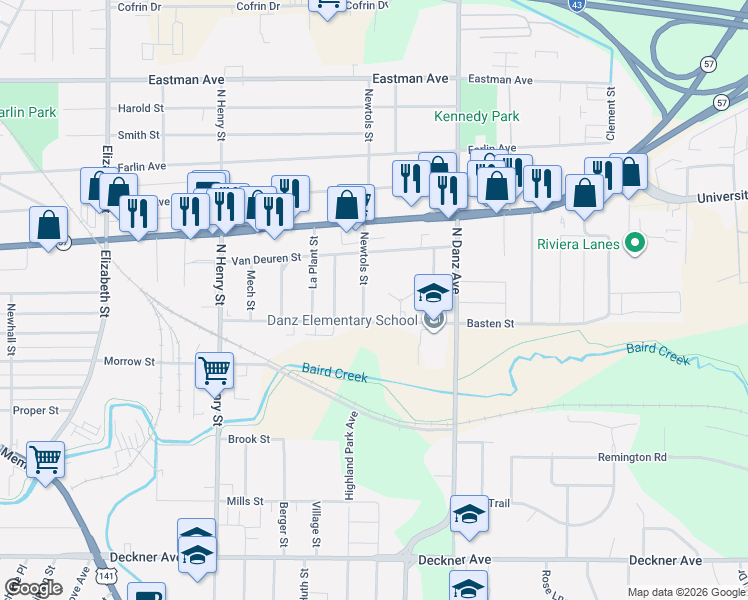 map of restaurants, bars, coffee shops, grocery stores, and more near 543 Newtols Street in Green Bay