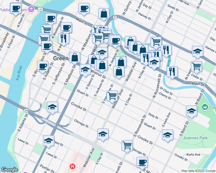map of restaurants, bars, coffee shops, grocery stores, and more near 827 East Walnut Street in Green Bay