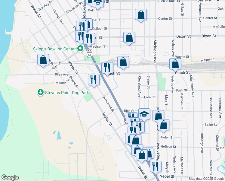 map of restaurants, bars, coffee shops, grocery stores, and more near 2801 Church Street in Stevens Point