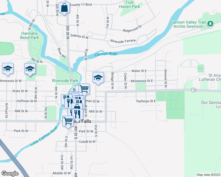 map of restaurants, bars, coffee shops, grocery stores, and more near 107 Minnesota Street East in Cannon Falls