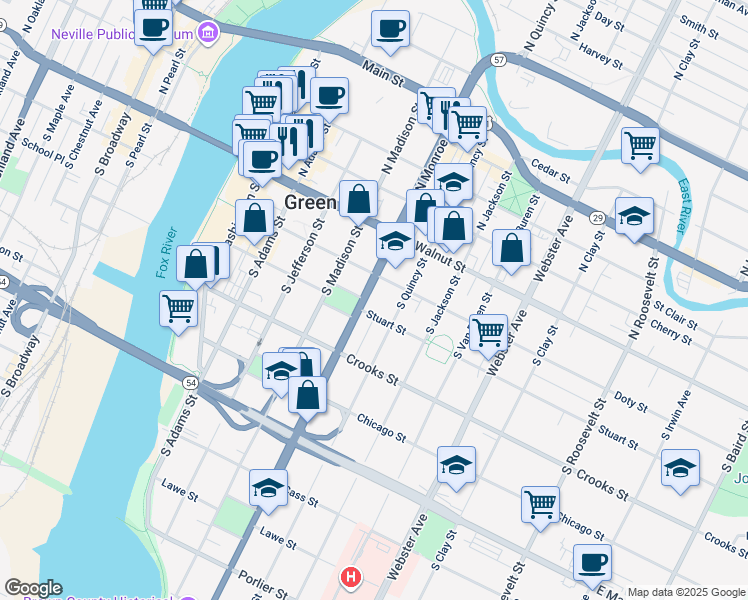 map of restaurants, bars, coffee shops, grocery stores, and more near 203 South Monroe Avenue in Green Bay