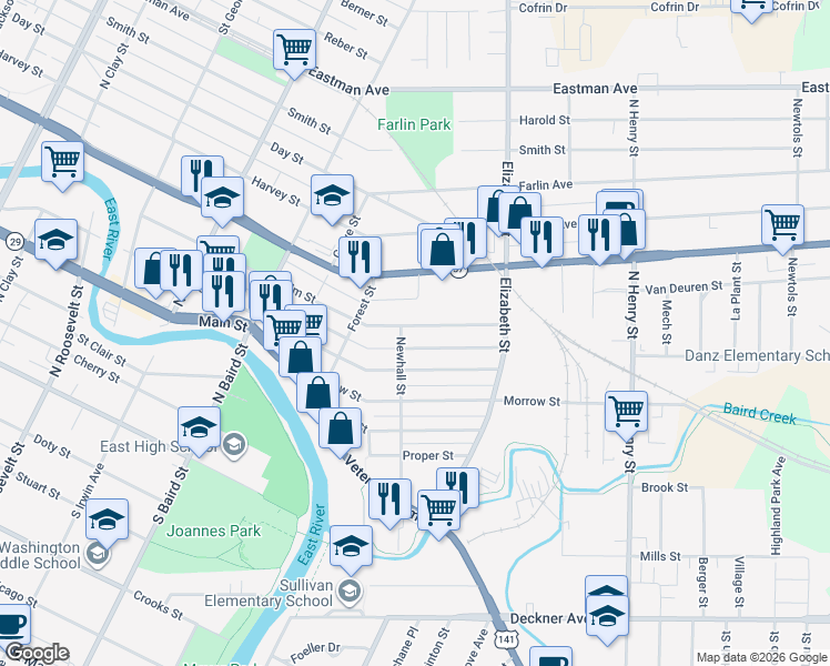 map of restaurants, bars, coffee shops, grocery stores, and more near 1501 Block Elm Street in Green Bay