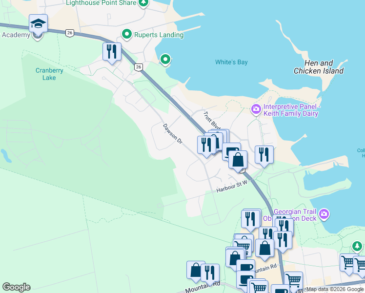 map of restaurants, bars, coffee shops, grocery stores, and more near 14 Dawson Drive in Collingwood