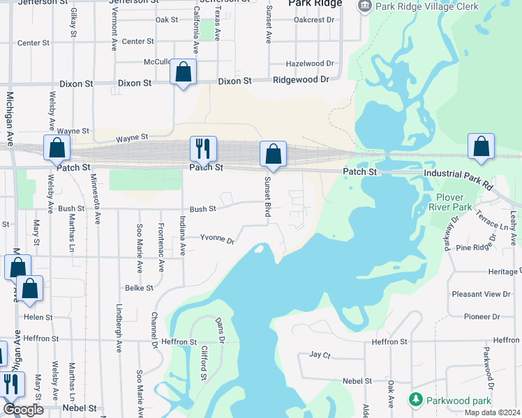 map of restaurants, bars, coffee shops, grocery stores, and more near 2700 Sunset Boulevard in Stevens Point