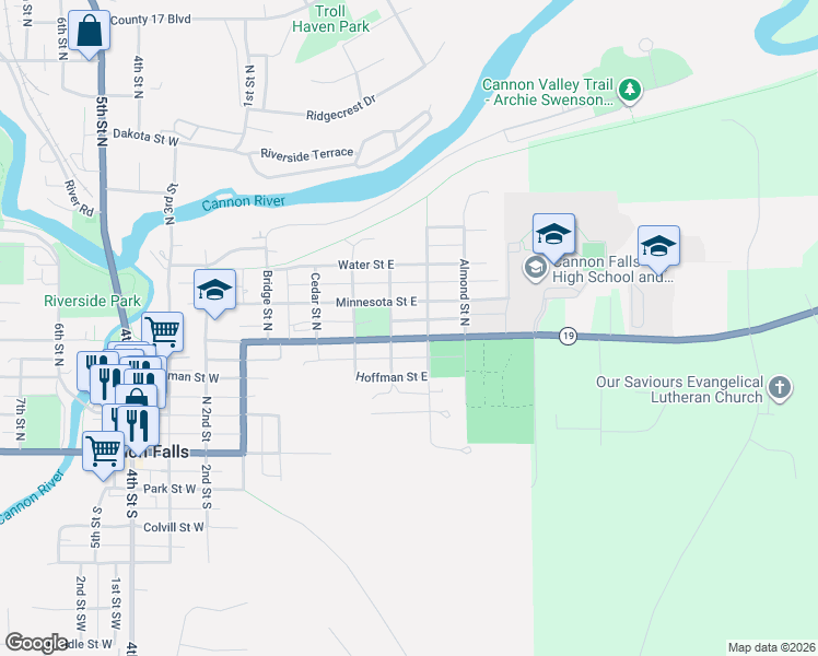 map of restaurants, bars, coffee shops, grocery stores, and more near 509 Minnesota Street East in Cannon Falls