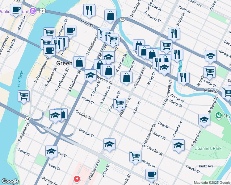 map of restaurants, bars, coffee shops, grocery stores, and more near 827 East Walnut Street in Green Bay