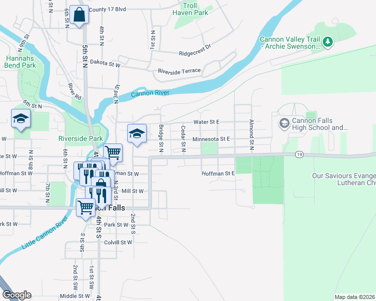 map of restaurants, bars, coffee shops, grocery stores, and more near 311 Minnesota Street East in Cannon Falls