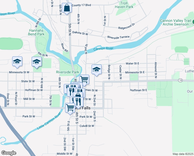 map of restaurants, bars, coffee shops, grocery stores, and more near 120 State Street West in Cannon Falls