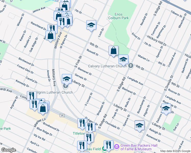 map of restaurants, bars, coffee shops, grocery stores, and more near Biemeret Street in Green Bay
