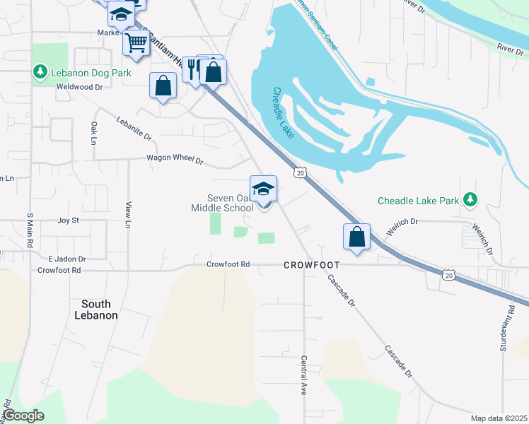 map of restaurants, bars, coffee shops, grocery stores, and more near 550 Cascade Drive in Lebanon
