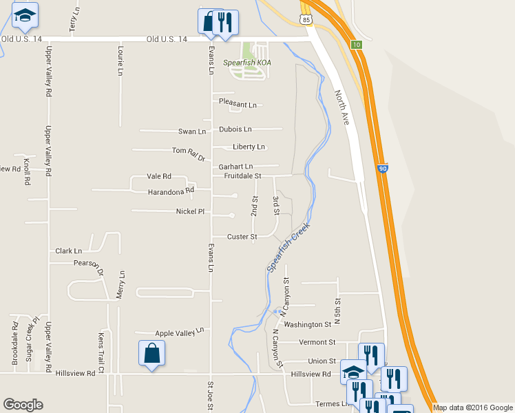 map of restaurants, bars, coffee shops, grocery stores, and more near 2416 2nd Street in Spearfish