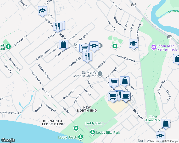 map of restaurants, bars, coffee shops, grocery stores, and more near 1341 North Avenue in Burlington