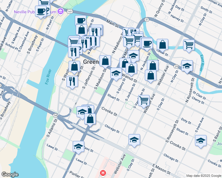 map of restaurants, bars, coffee shops, grocery stores, and more near 203 South Monroe Avenue in Green Bay