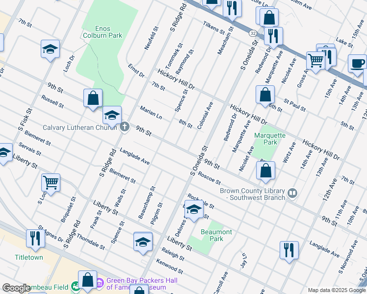 map of restaurants, bars, coffee shops, grocery stores, and more near 1225 Meacham Street in Green Bay