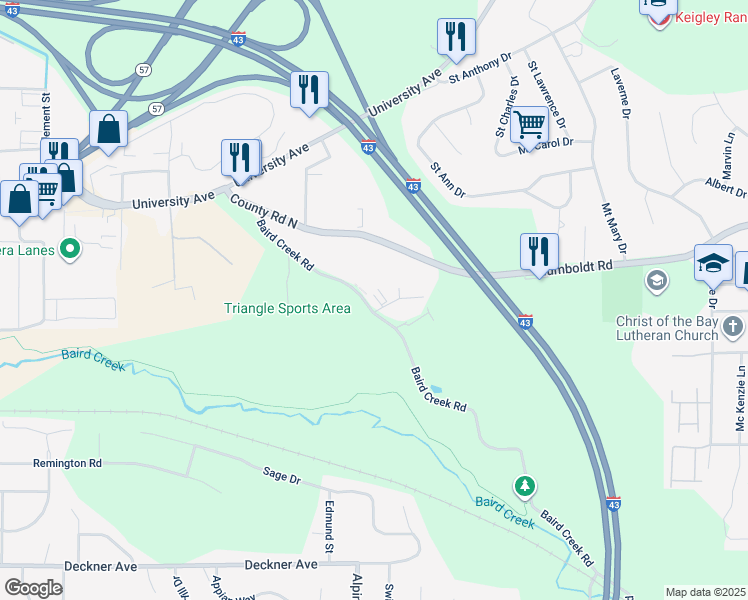 map of restaurants, bars, coffee shops, grocery stores, and more near 524 Baird Creek Road in Green Bay