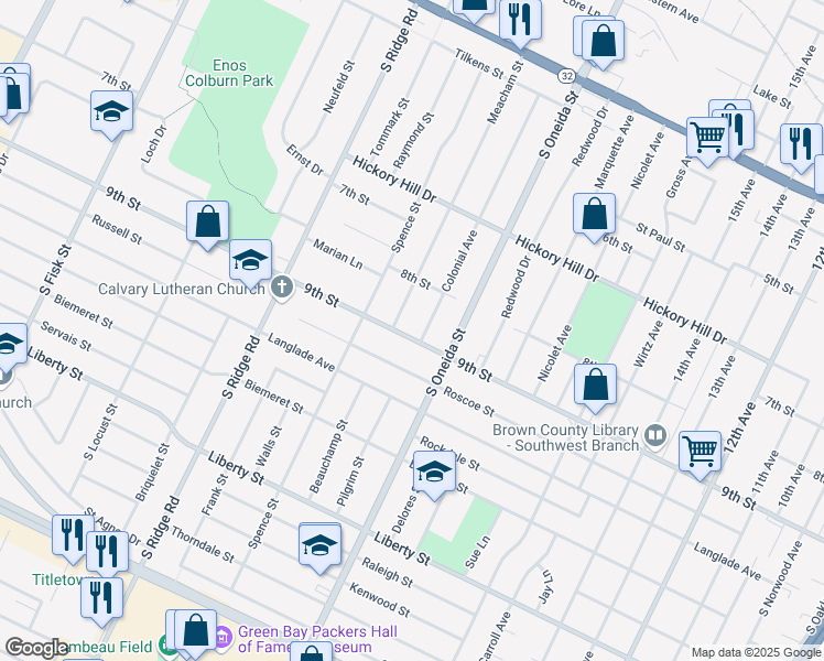 map of restaurants, bars, coffee shops, grocery stores, and more near 1225 Meacham Street in Green Bay