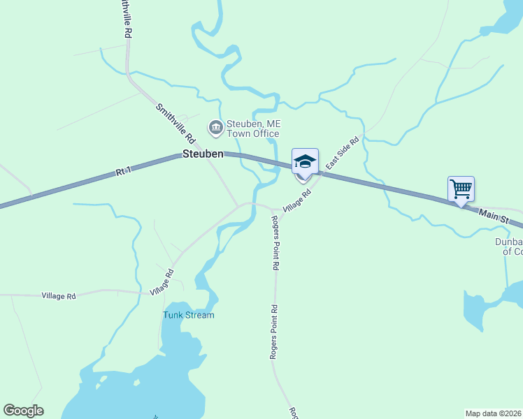 map of restaurants, bars, coffee shops, grocery stores, and more near 43 Village Road in Steuben