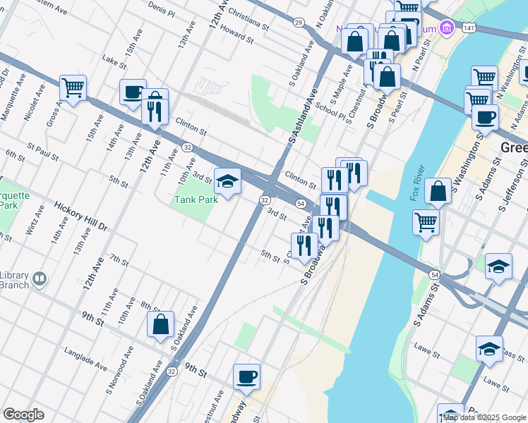 map of restaurants, bars, coffee shops, grocery stores, and more near 801 South Ashland Avenue in Green Bay
