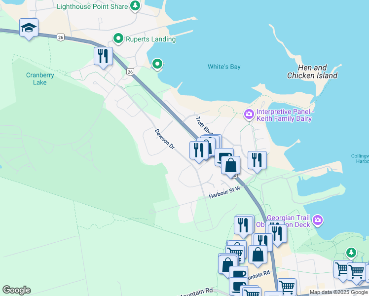 map of restaurants, bars, coffee shops, grocery stores, and more near 11 Dawson Drive in Collingwood