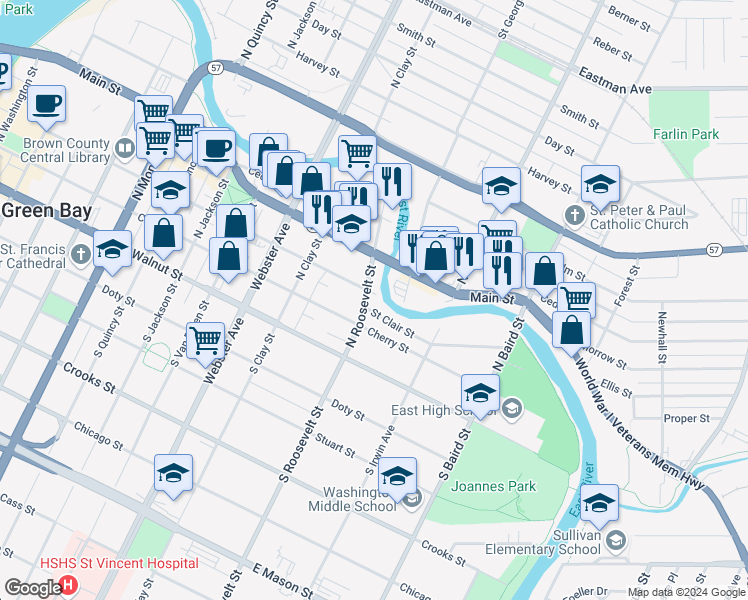 map of restaurants, bars, coffee shops, grocery stores, and more near 1206 Pine Street in Green Bay