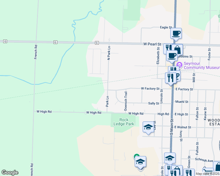 map of restaurants, bars, coffee shops, grocery stores, and more near 673 West Factory Street in Seymour