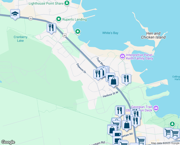 map of restaurants, bars, coffee shops, grocery stores, and more near 11 Dawson Drive in Collingwood