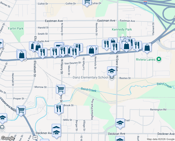 map of restaurants, bars, coffee shops, grocery stores, and more near 552 La Plant Street in Green Bay