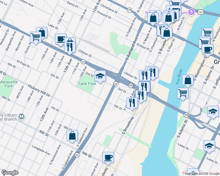 map of restaurants, bars, coffee shops, grocery stores, and more near 709 3rd Street in Green Bay