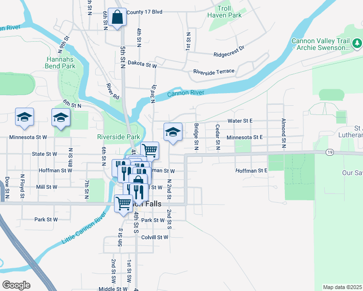map of restaurants, bars, coffee shops, grocery stores, and more near 107 Minnesota Street East in Cannon Falls
