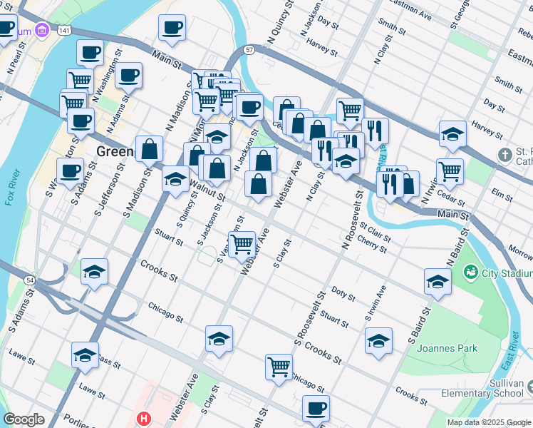 map of restaurants, bars, coffee shops, grocery stores, and more near 115 North Webster Avenue in Green Bay