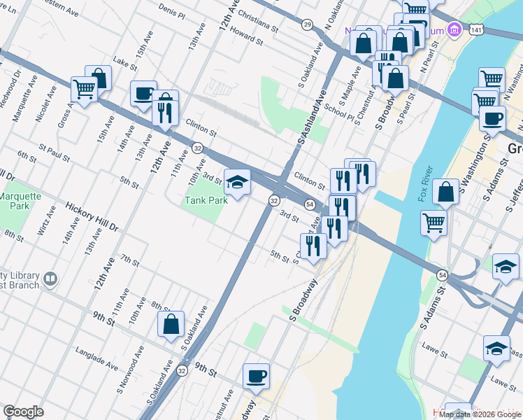 map of restaurants, bars, coffee shops, grocery stores, and more near 709 3rd Street in Green Bay