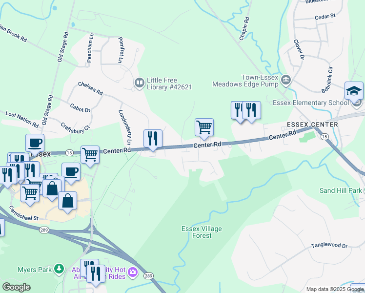 map of restaurants, bars, coffee shops, grocery stores, and more near 65 Center Road in Essex