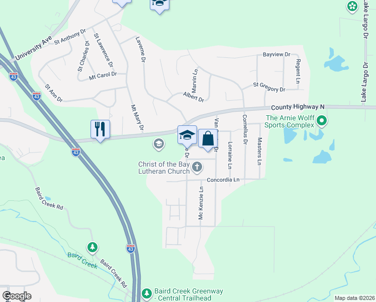 map of restaurants, bars, coffee shops, grocery stores, and more near 539 Laverne Drive in Green Bay