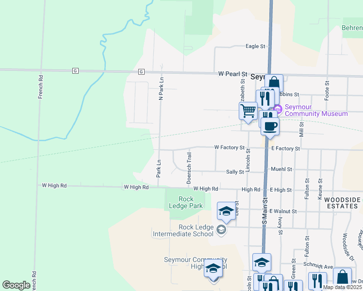 map of restaurants, bars, coffee shops, grocery stores, and more near 633 West Factory Street in Seymour