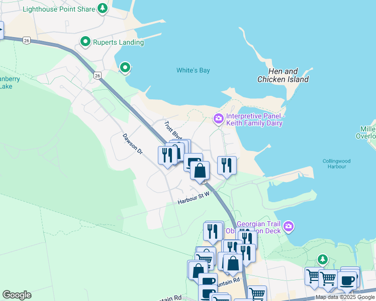 map of restaurants, bars, coffee shops, grocery stores, and more near 119 Trott Boulevard in Collingwood