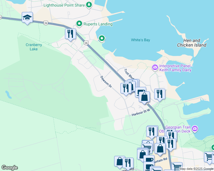 map of restaurants, bars, coffee shops, grocery stores, and more near 19 Dawson Drive in Collingwood
