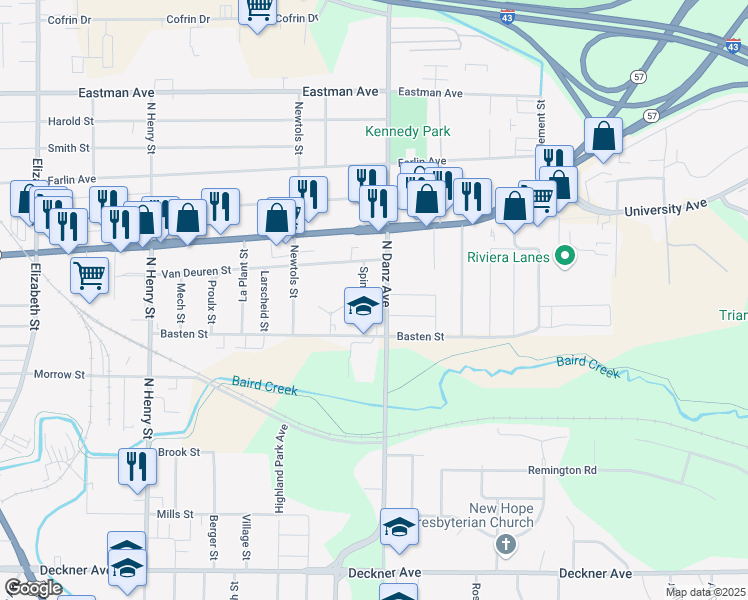 map of restaurants, bars, coffee shops, grocery stores, and more near 545 Spinnaker Lane in Green Bay