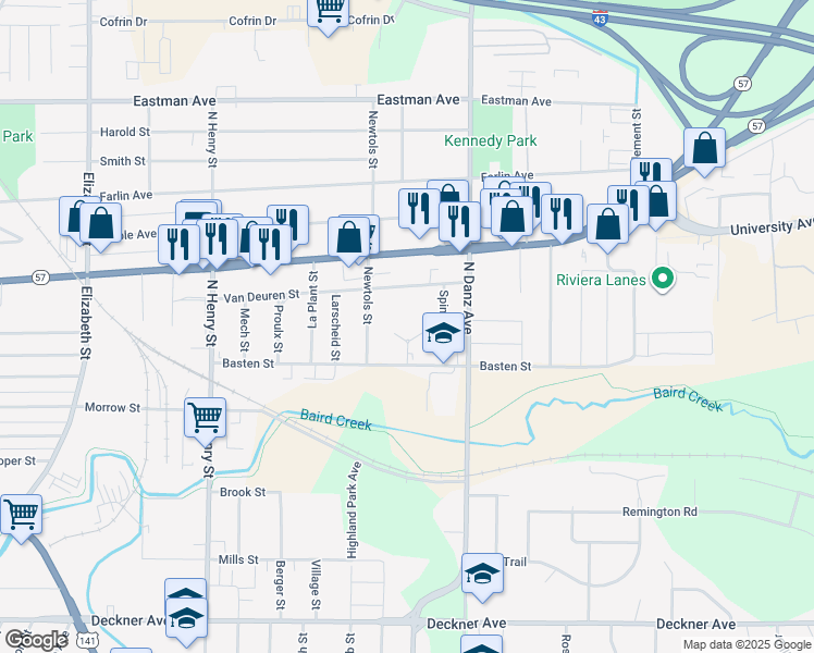 map of restaurants, bars, coffee shops, grocery stores, and more near 2060 Van Deuren Street in Green Bay