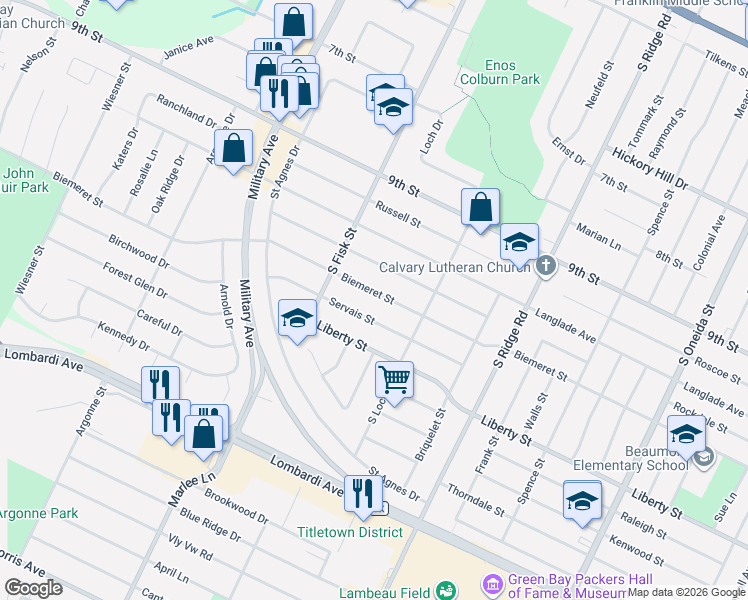 map of restaurants, bars, coffee shops, grocery stores, and more near 1426 Biemeret Street in Green Bay