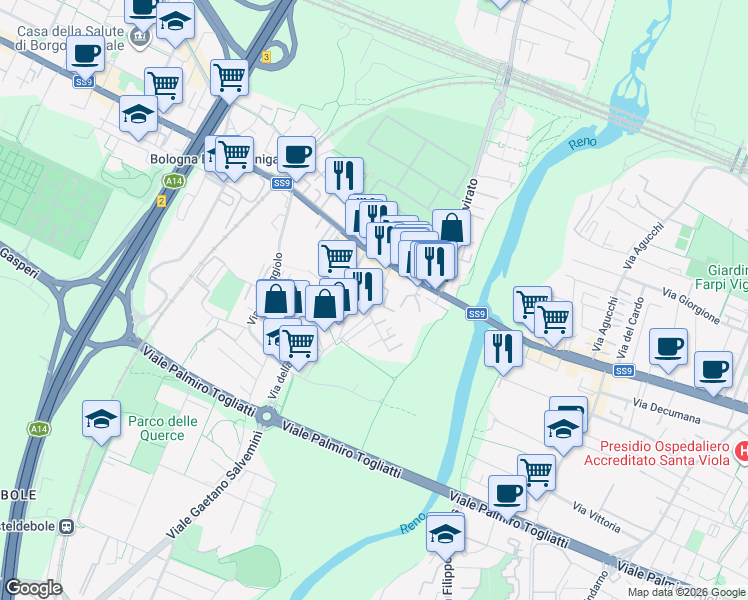 map of restaurants, bars, coffee shops, grocery stores, and more near 9 Via del Greto in Bologna
