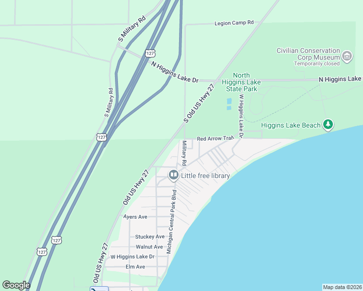 map of restaurants, bars, coffee shops, grocery stores, and more near Red Arrow Trail in Roscommon