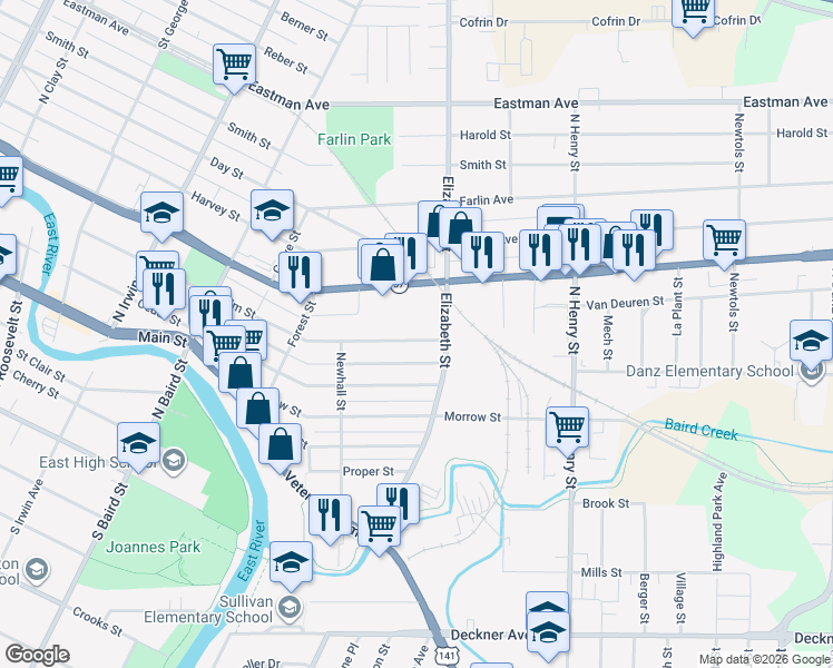 map of restaurants, bars, coffee shops, grocery stores, and more near 1561 Elm Street in Green Bay