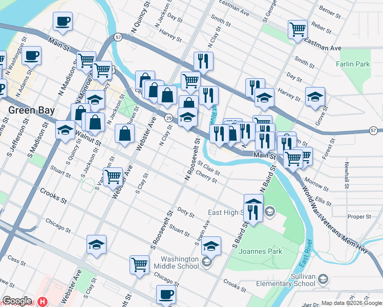 map of restaurants, bars, coffee shops, grocery stores, and more near 1152 Pine Street in Green Bay