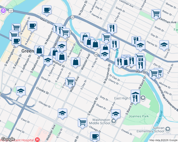 map of restaurants, bars, coffee shops, grocery stores, and more near 1018 Cherry Street in Green Bay