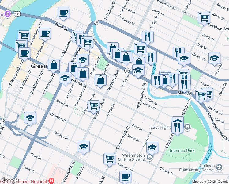 map of restaurants, bars, coffee shops, grocery stores, and more near 1018 Cherry Street in Green Bay