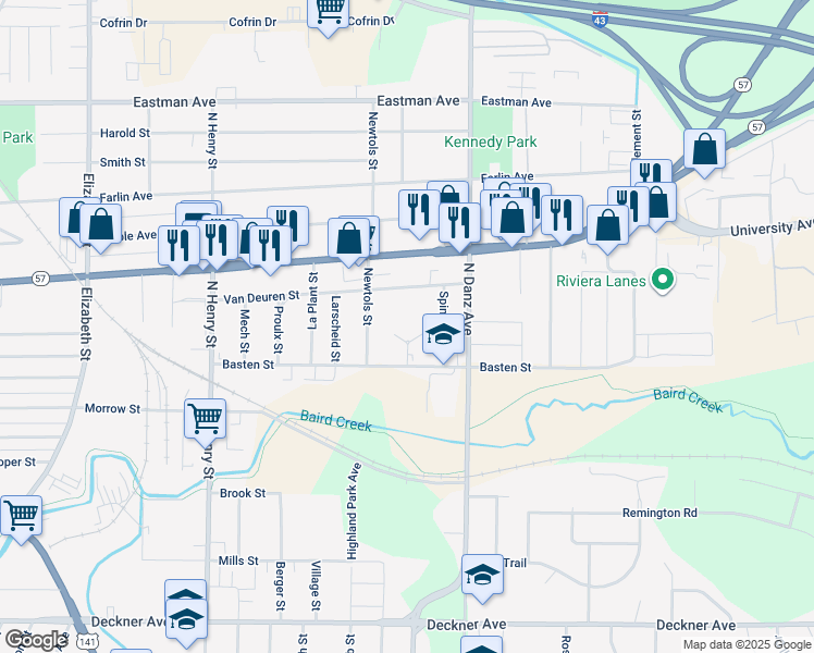 map of restaurants, bars, coffee shops, grocery stores, and more near 2060 Van Deuren Street in Green Bay