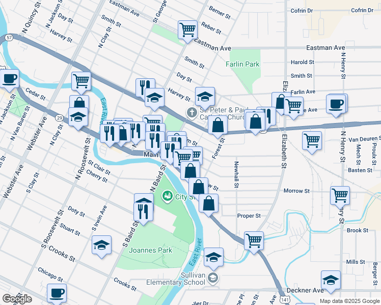 map of restaurants, bars, coffee shops, grocery stores, and more near 515 Grove Street in Green Bay