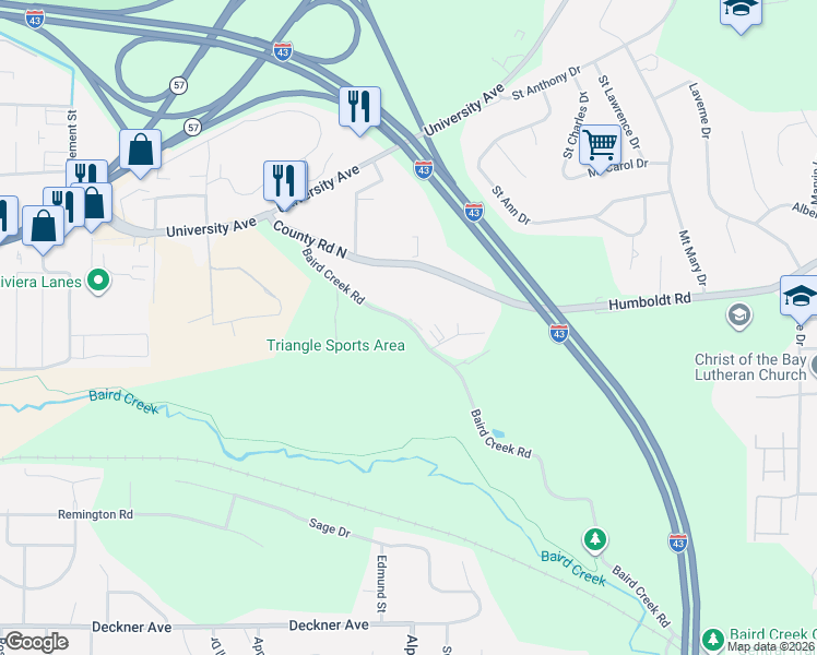 map of restaurants, bars, coffee shops, grocery stores, and more near 540 Baird Creek Road in Green Bay