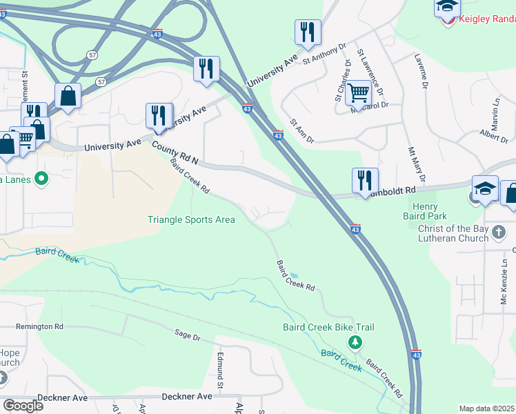 map of restaurants, bars, coffee shops, grocery stores, and more near 526 Baird Creek Road in Green Bay